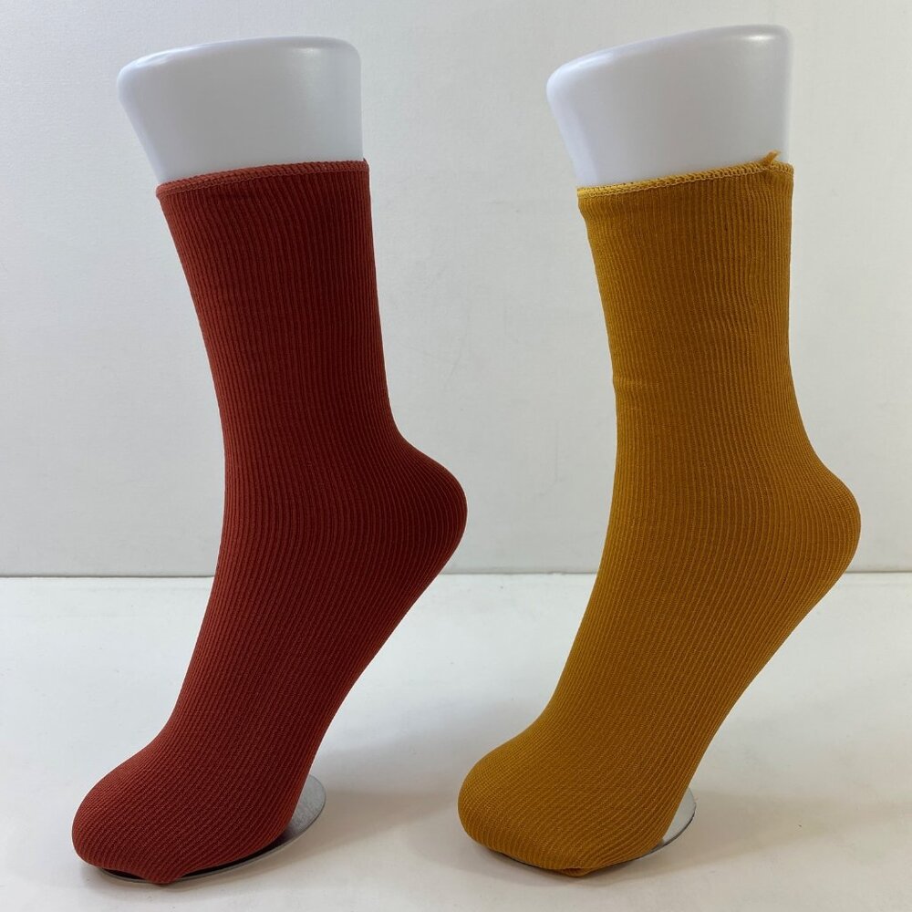 Womens Crew Socks Set 2 Ribbed Solid Rust Red Mustard Yellow